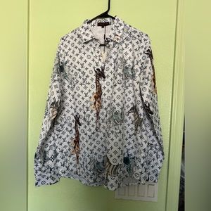 Vuitton style silk long sleeve tapestry shirt